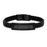 Funny Law Enforcement Officer Gifts for Him from Friends - I Can't Fix Stupid But I'm A Fairly Decent Law Enforcement Officer Interlaced Leather Bracelet for Graduation - Image 1